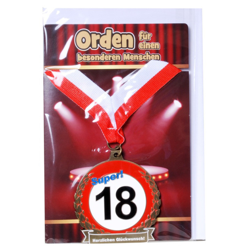 Udo Schmidt Orden 18 auf Karte mit rot weißem Band originelle Geburtstagsmedaille zum 18 Geburtstag